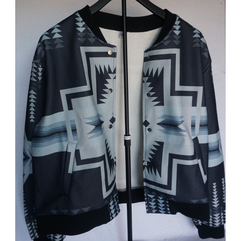 Southwestern Geometric Tribal Print Bomber Jacket Black Grey Blue M/L